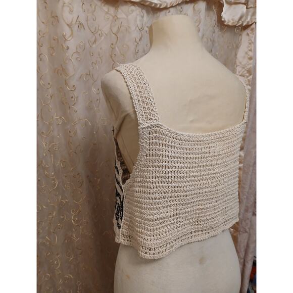 Crochet Bohemian Half Top Womens Sz L Beige Semi Sheer Cropped Festival Coquette - Picture 12 of 16
